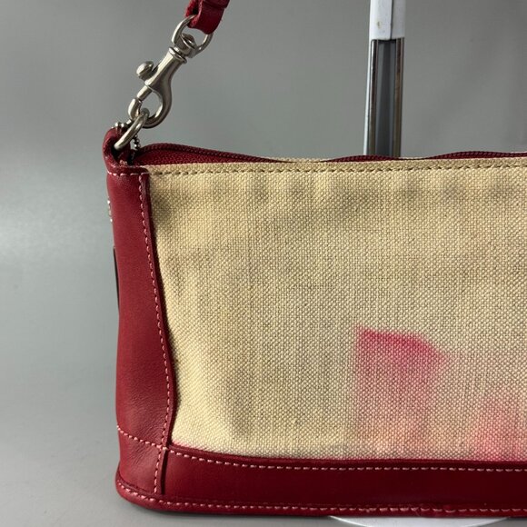Vintage Coach # 6115 Red Leather Beige Canvas Small Hand Bag/Wristlet - Picture 8 of 13